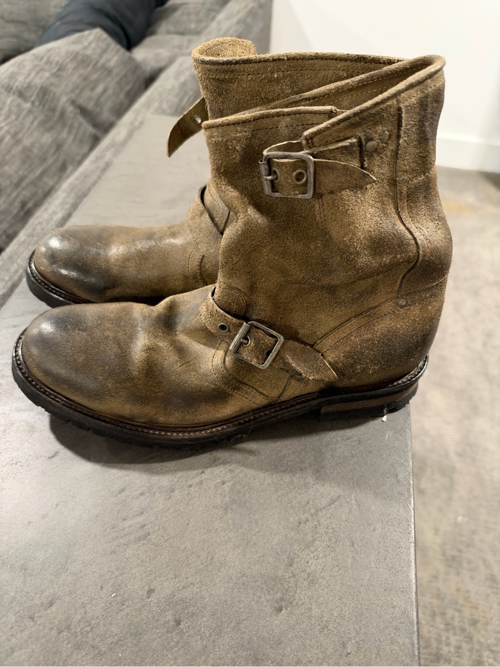 John Varvatos Brown Suede Engineer Boots with Buckle Straps